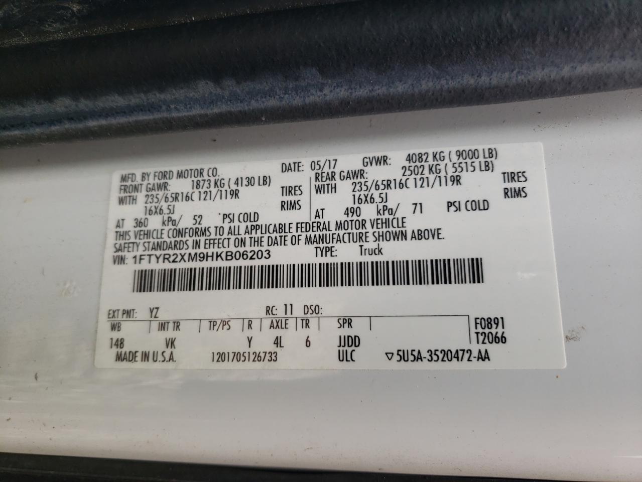 2017 Ford Transit T-250 VIN: 1FTYR2XM9HKB06203 Lot: 82089325