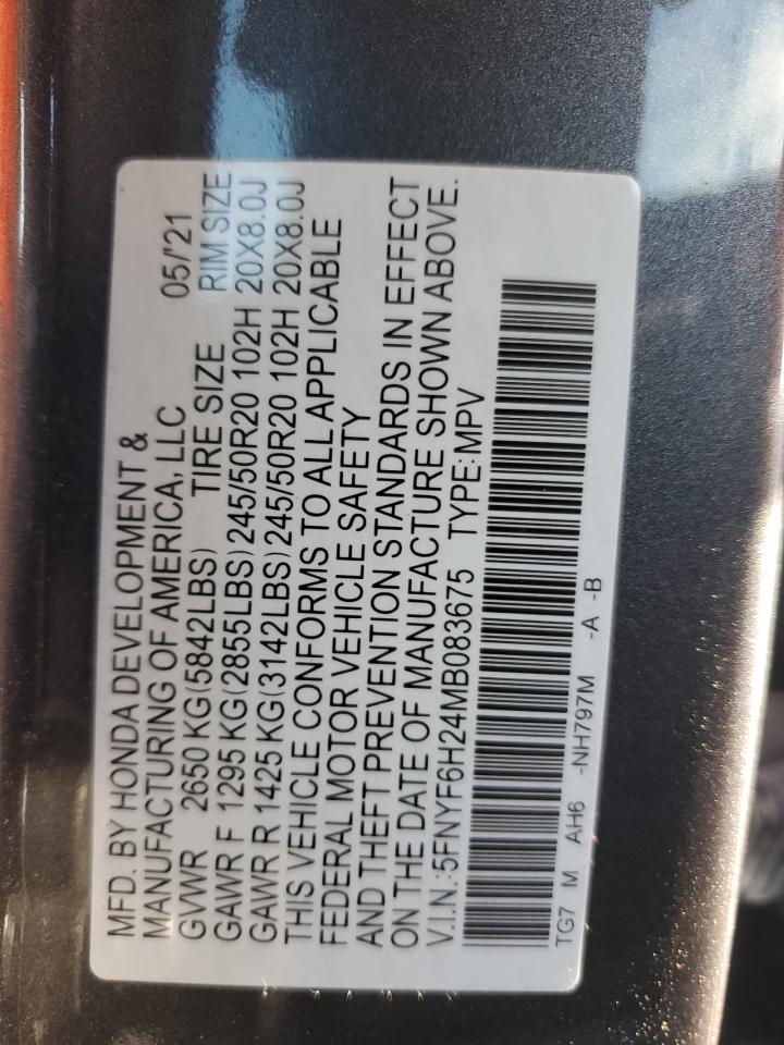 2021 Honda Pilot Se VIN: 5FNYF6H24MB083675 Lot: 80895625