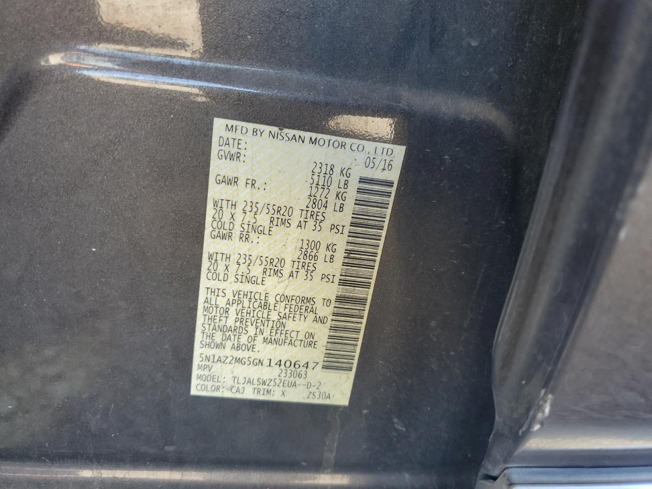2016 Nissan Murano S VIN: 5N1AZ2MG5GN140647 Lot: 81427005
