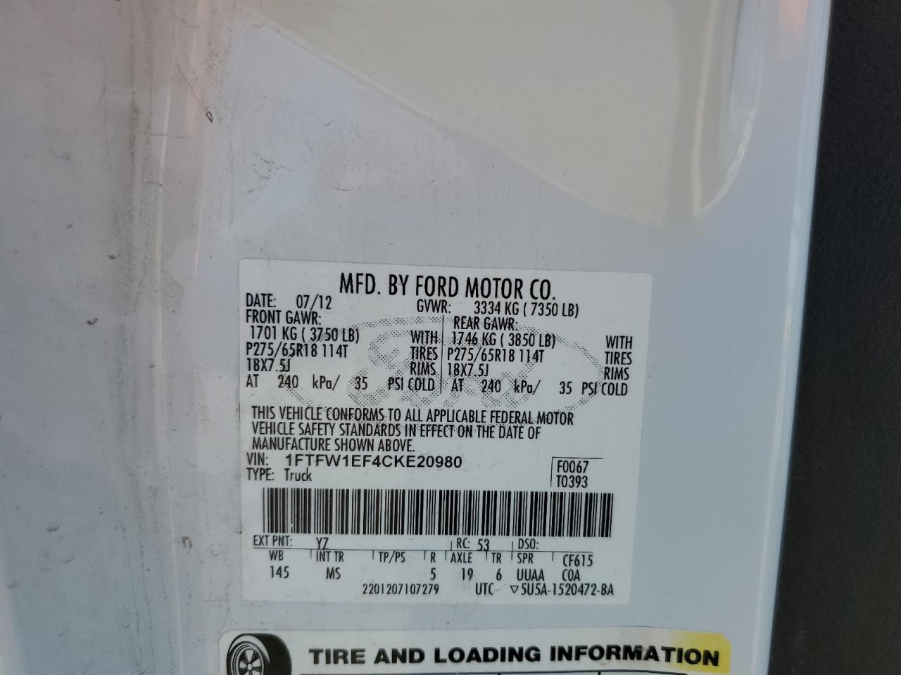 2012 Ford F150 Supercrew VIN: 1FTFW1EF4CKE20980 Lot: 71085635