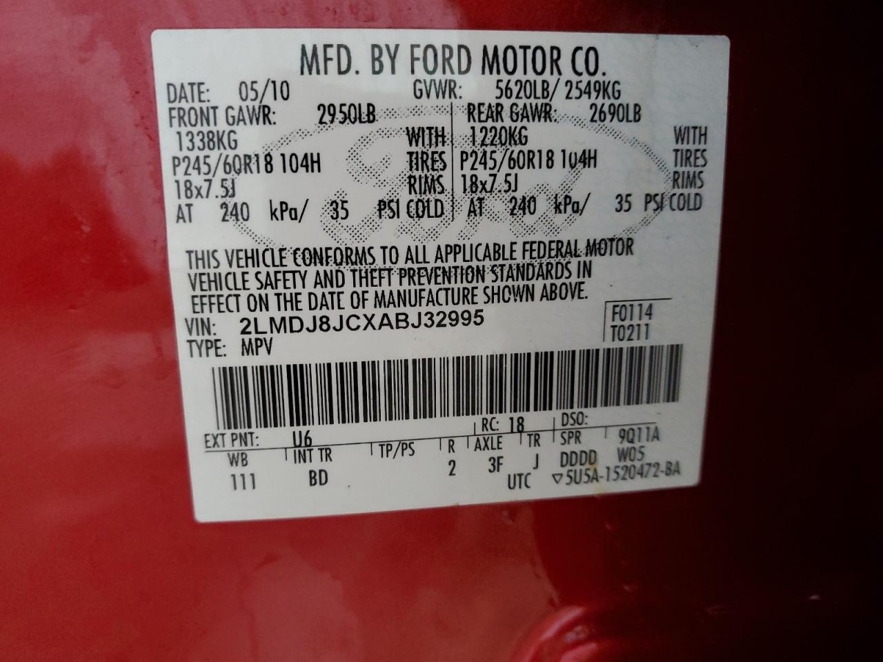 2010 Lincoln Mkx VIN: 2LMDJ8JCXABJ32995 Lot: 81666865