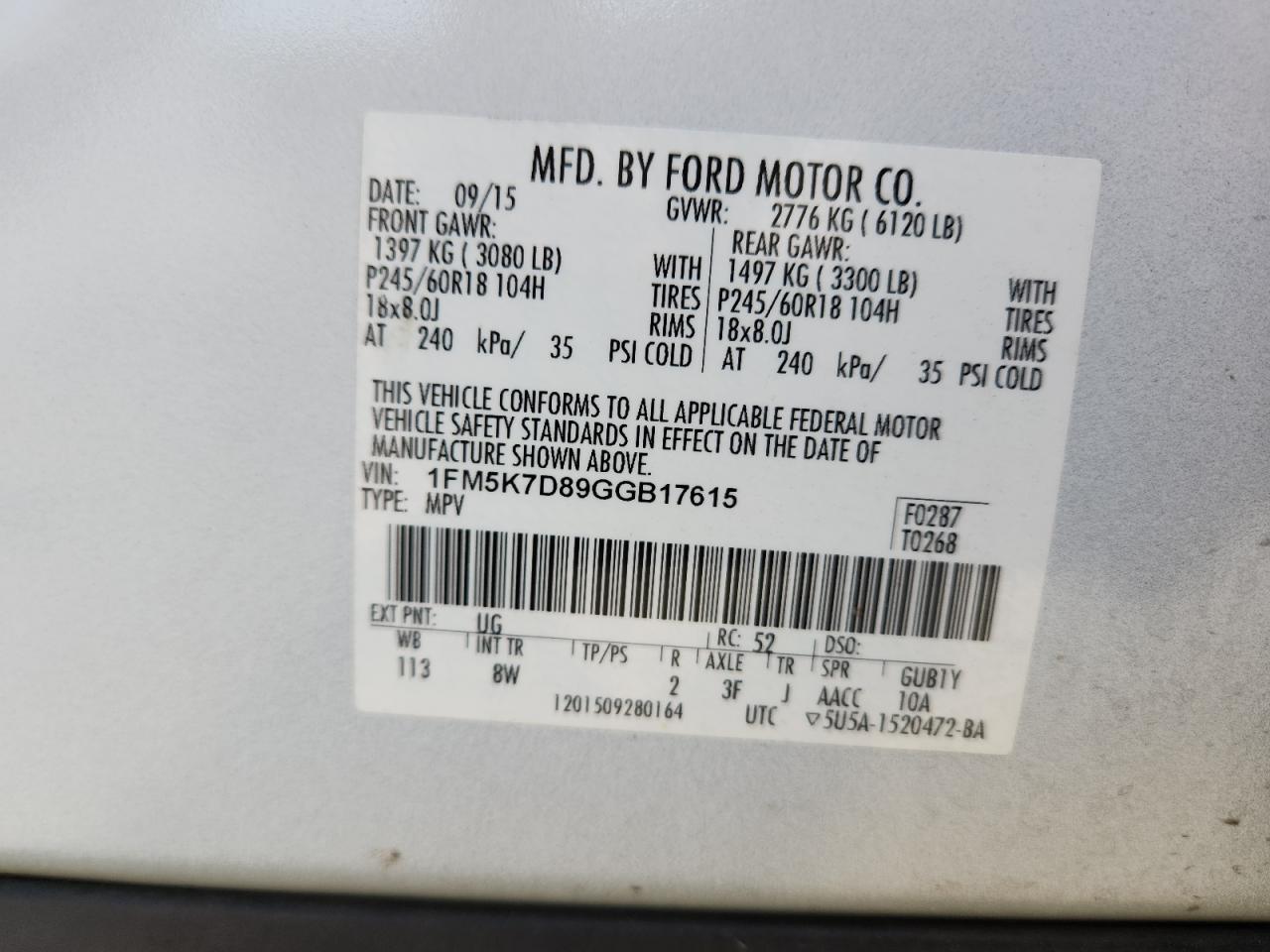 2016 Ford Explorer Xlt VIN: 1FM5K7D89GGB17615 Lot: 80571895