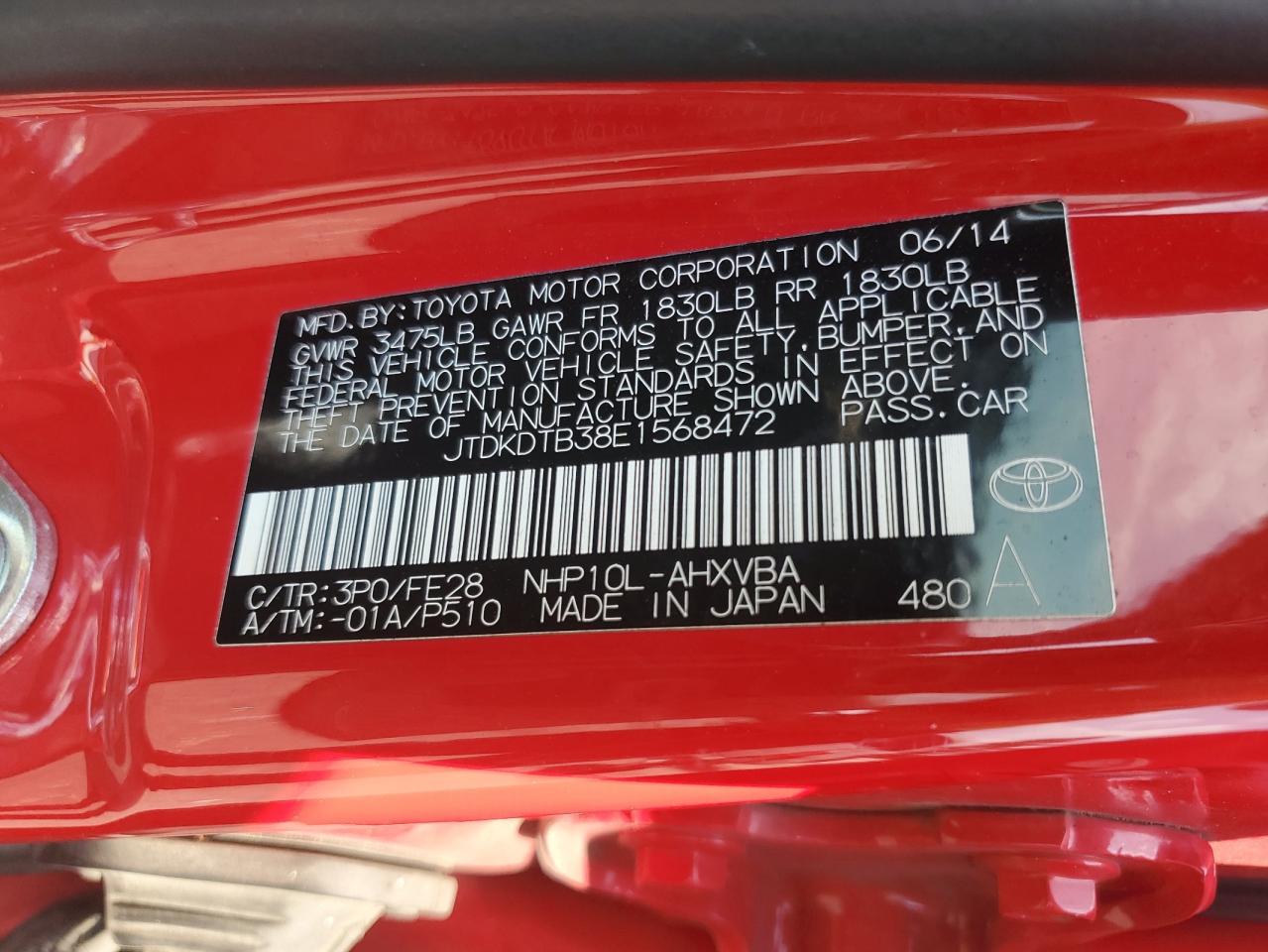 2014 Toyota Prius C VIN: JTDKDTB38E1568472 Lot: 80910675