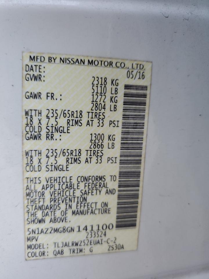 2016 Nissan Murano S VIN: 5N1AZ2MG8GN141100 Lot: 83865845