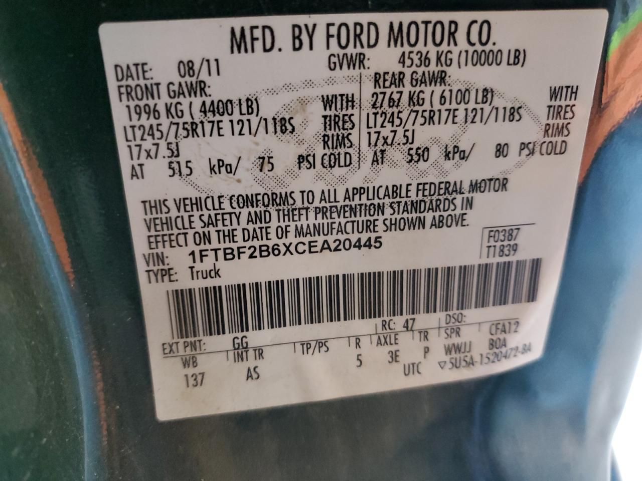 2012 Ford F250 Super Duty VIN: 1FTBF2B6XCEA20445 Lot: 84406005