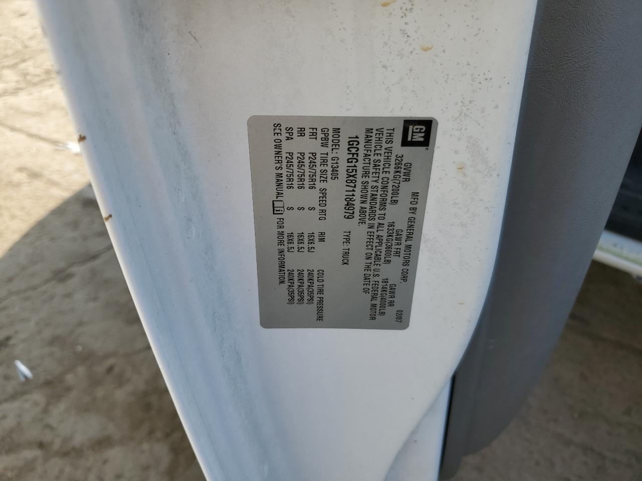 2007 Chevrolet Express G1500 VIN: 1GCFG15X871184979 Lot: 81254635