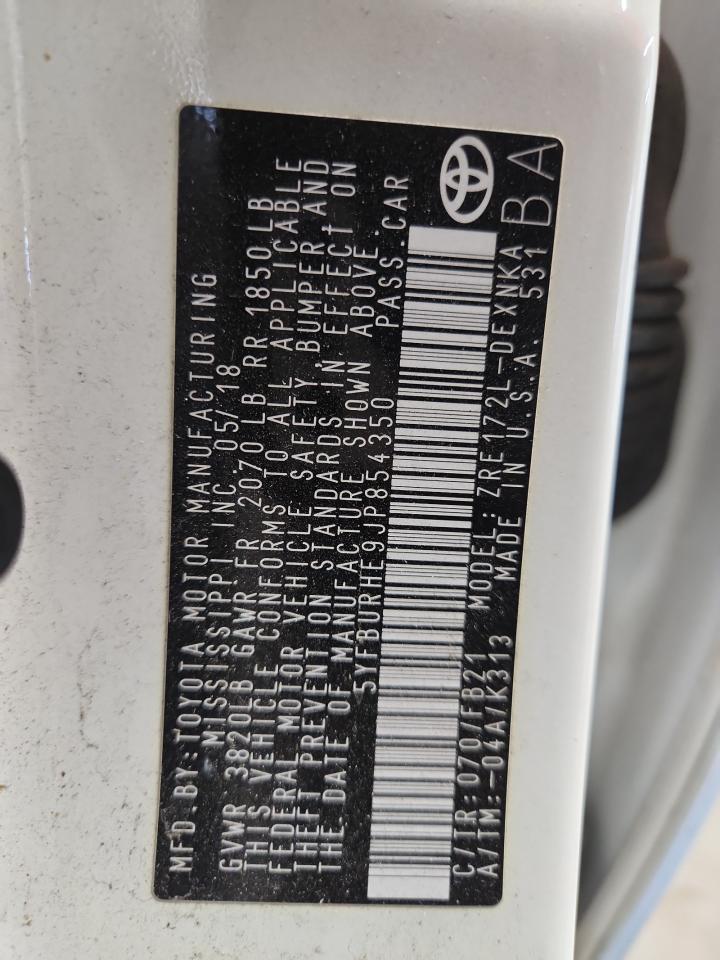 2018 Toyota Corolla L VIN: 5YFBURHE9JP854350 Lot: 80211085