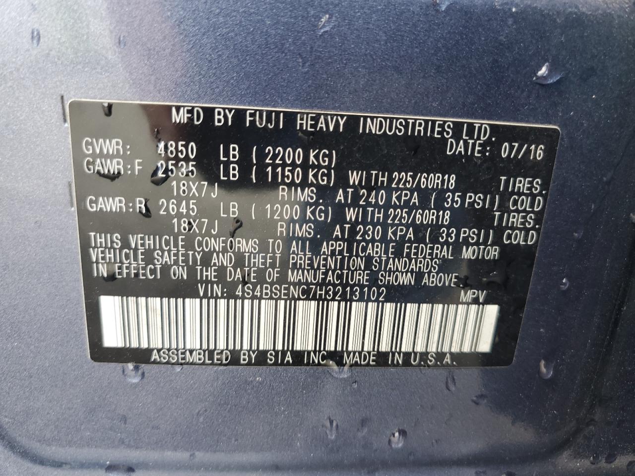 2017 Subaru Outback 3.6R Limited VIN: 4S4BSENC7H3213102 Lot: 80456095