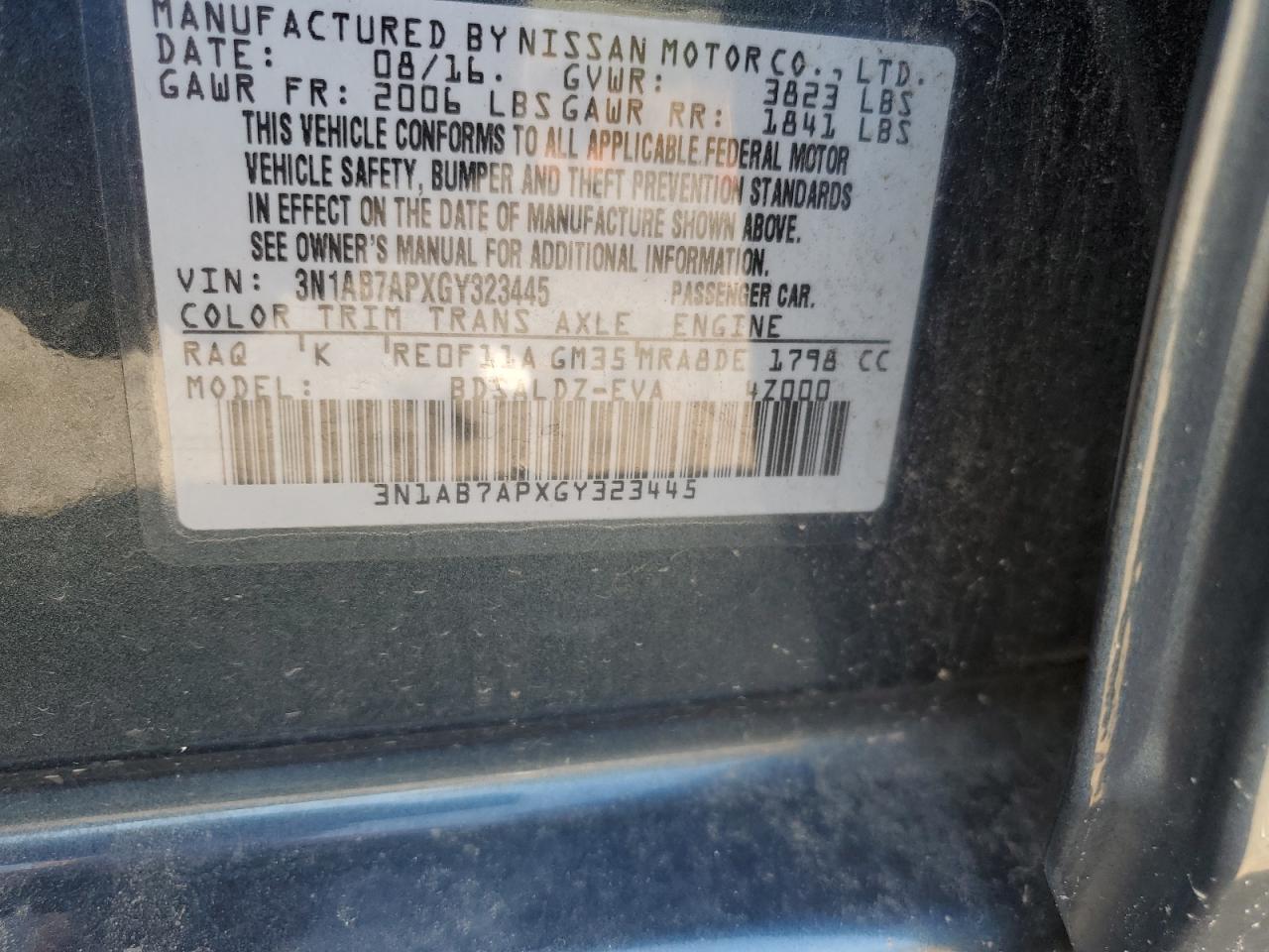 2016 Nissan Sentra S VIN: 3N1AB7APXGY323445 Lot: 71806865