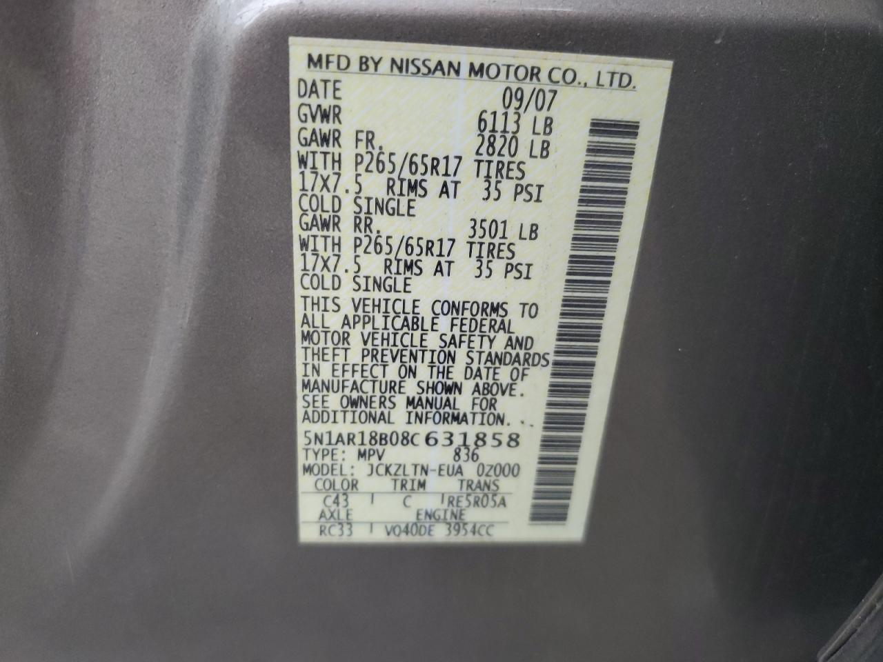 2008 Nissan Pathfinder S VIN: 5N1AR18B08C631858 Lot: 82170435