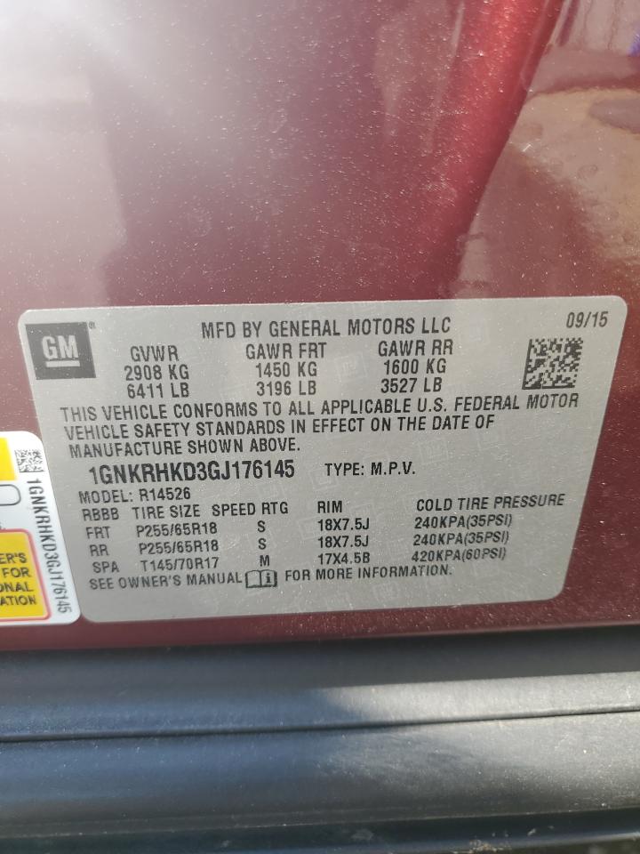 2016 Chevrolet Traverse Lt VIN: 1GNKRHKD3GJ176145 Lot: 80881065