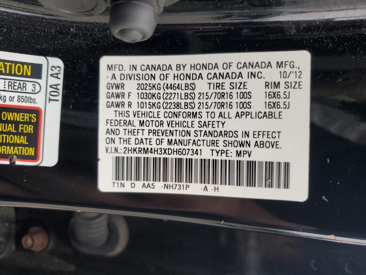 2013 Honda Cr-V Lx VIN: 2HKRM4H3XDH607341 Lot: 83956575