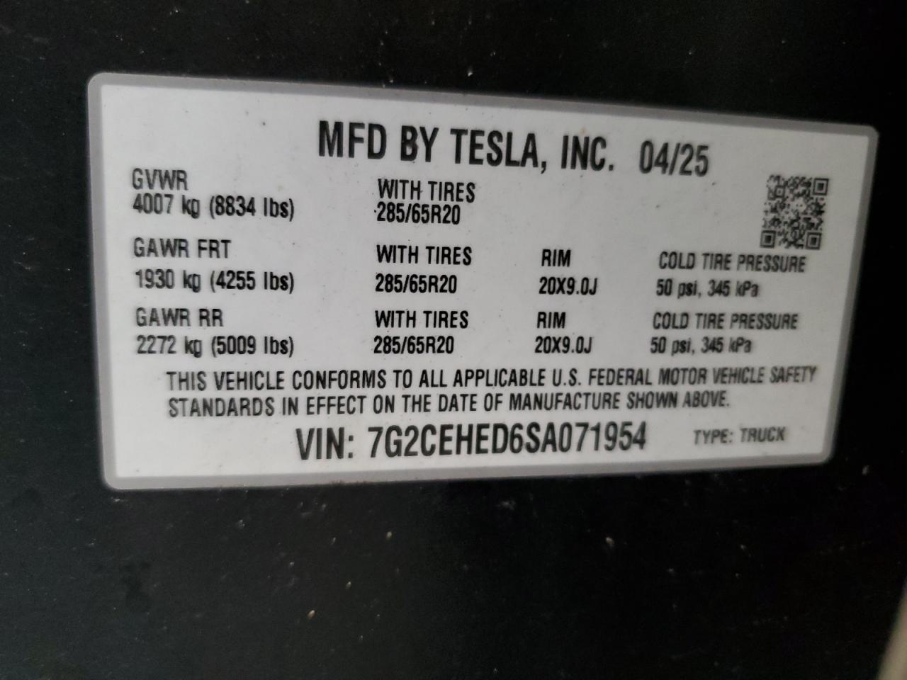 2025 Tesla Cybertruck VIN: 7G2CEHED6SA071954 Lot: 71128405