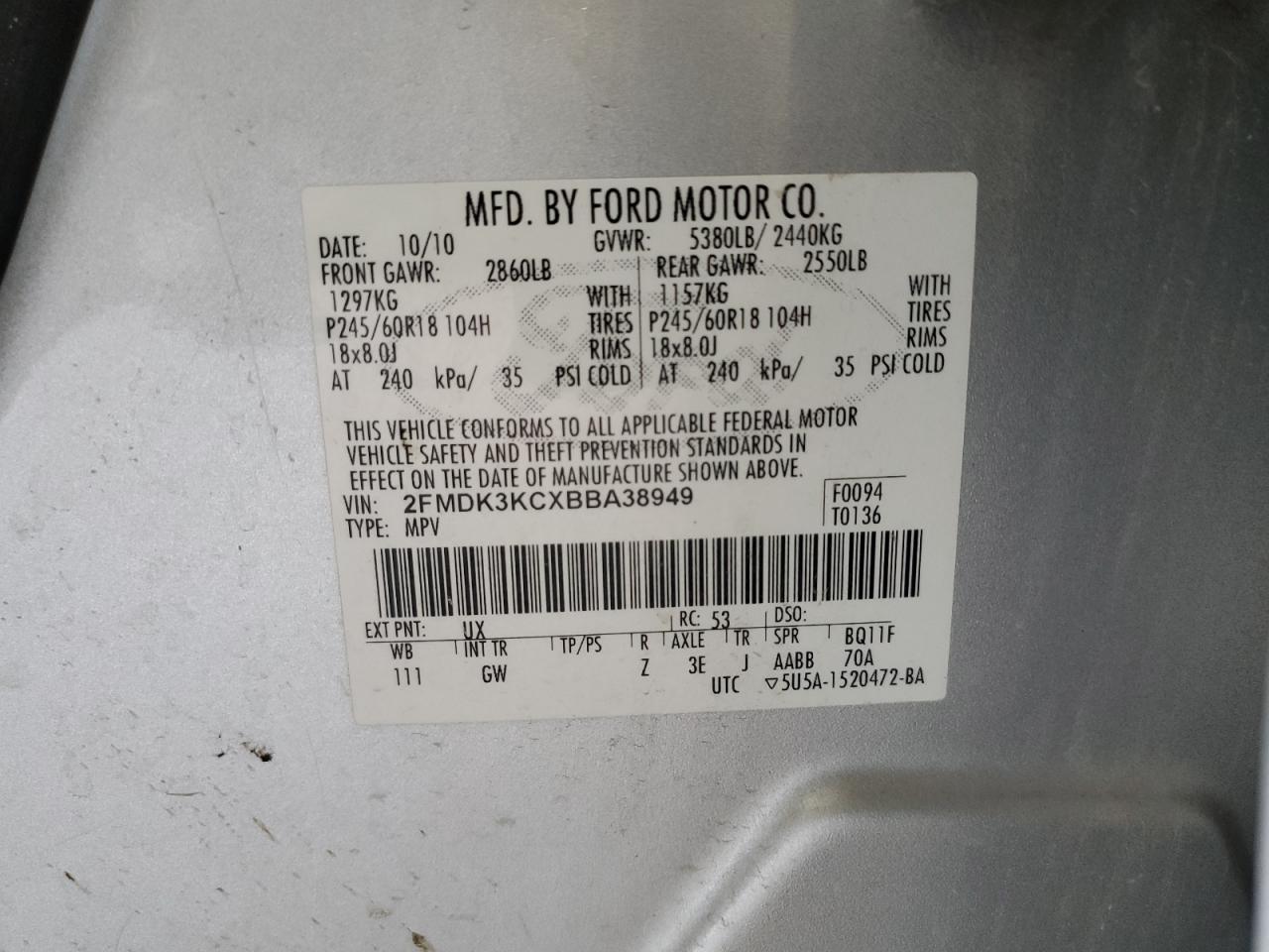 2011 Ford Edge Limited VIN: 2FMDK3KCXBBA38949 Lot: 71204265