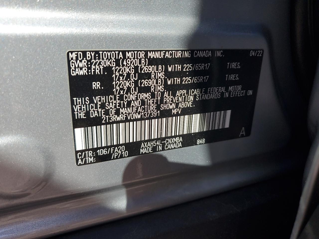 2022 Toyota Rav4 Xle VIN: 2T3RWRFV0NW137391 Lot: 80089575