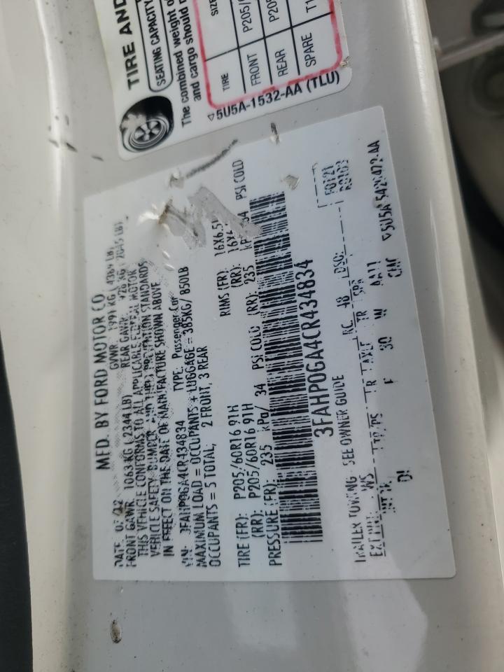 2012 Ford Fusion S VIN: 3FAHP0GA4CR434834 Lot: 83841705