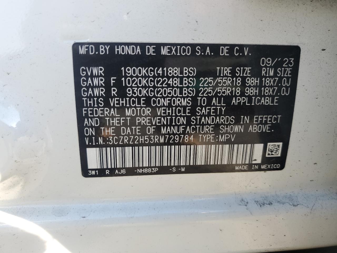 2024 Honda Hr-V Sport VIN: 3CZRZ2H53RM729784 Lot: 80687455