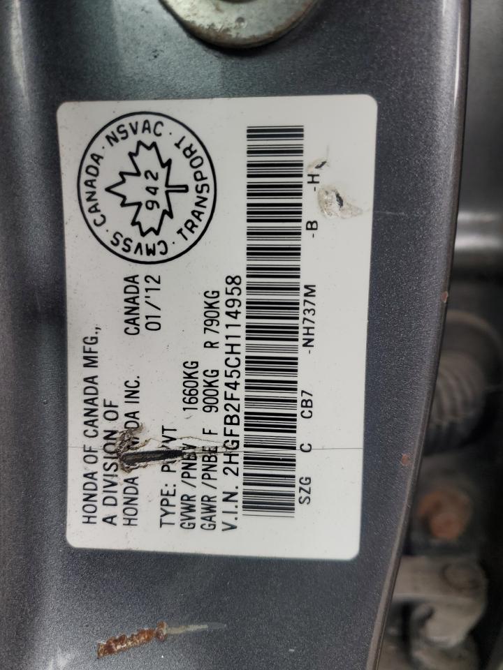 2012 Honda Civic Lx VIN: 2HGFB2F45CH114958 Lot: 80060295