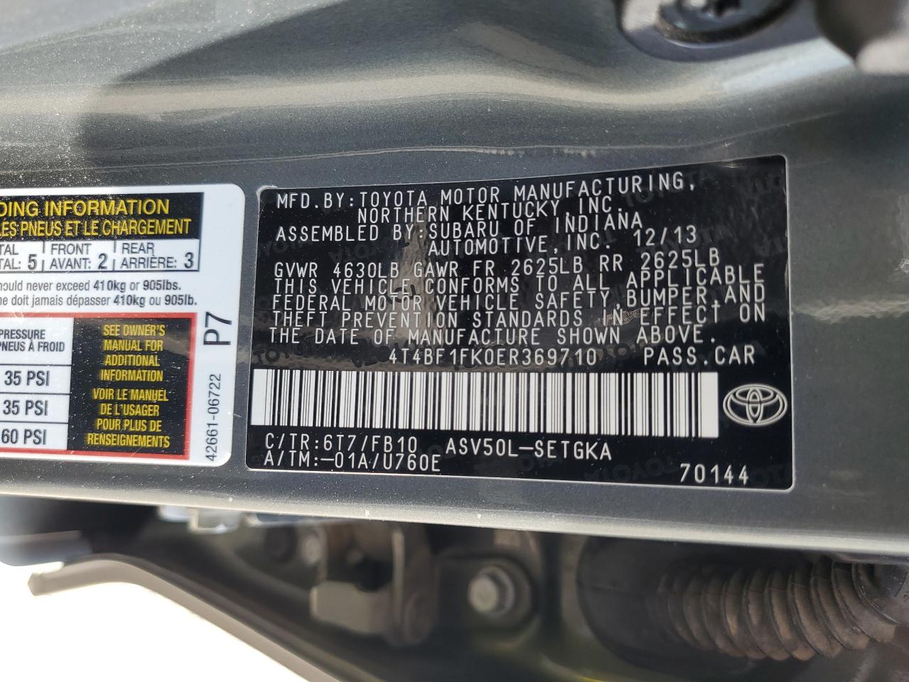 2014 Toyota Camry L VIN: 4T4BF1FK0ER369710 Lot: 71266685