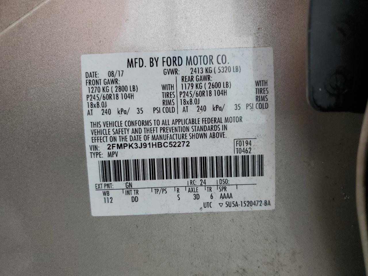 2017 Ford Edge Sel VIN: 2FMPK3J91HBC52272 Lot: 80206525