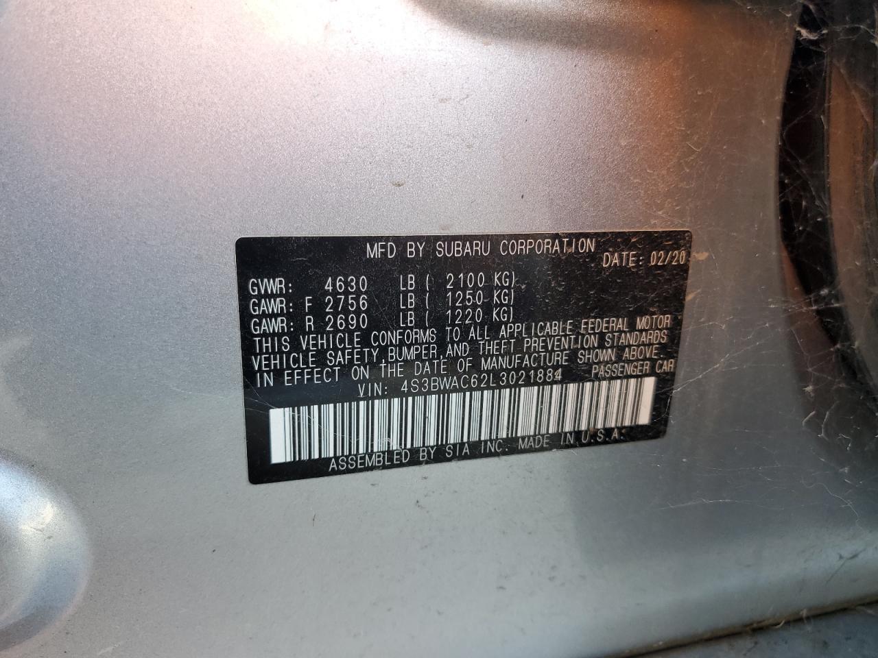 2020 Subaru Legacy Premium VIN: 4S3BWAC62L3021884 Lot: 71010455