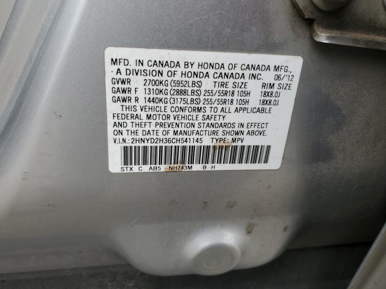 2012 Acura Mdx Technology VIN: 2HNYD2H36CH541145 Lot: 80950145