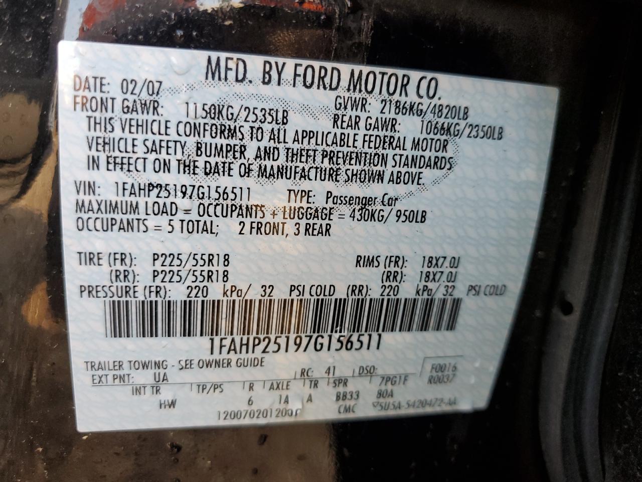 2007 Ford Five Hundred Limited VIN: 1FAHP25197G156511 Lot: 81664915