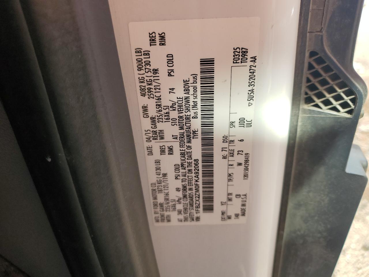 2015 Ford Transit T-350 VIN: 1FBZX2ZM0FKA92068 Lot: 80877735