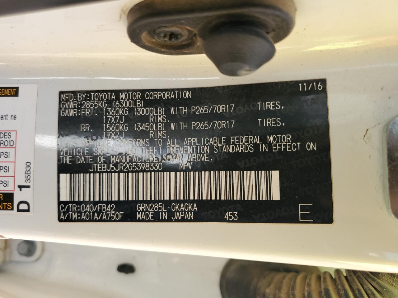 2016 Toyota 4Runner Sr5/Sr5 Premium VIN: JTEBU5JR2G5398330 Lot: 71218635