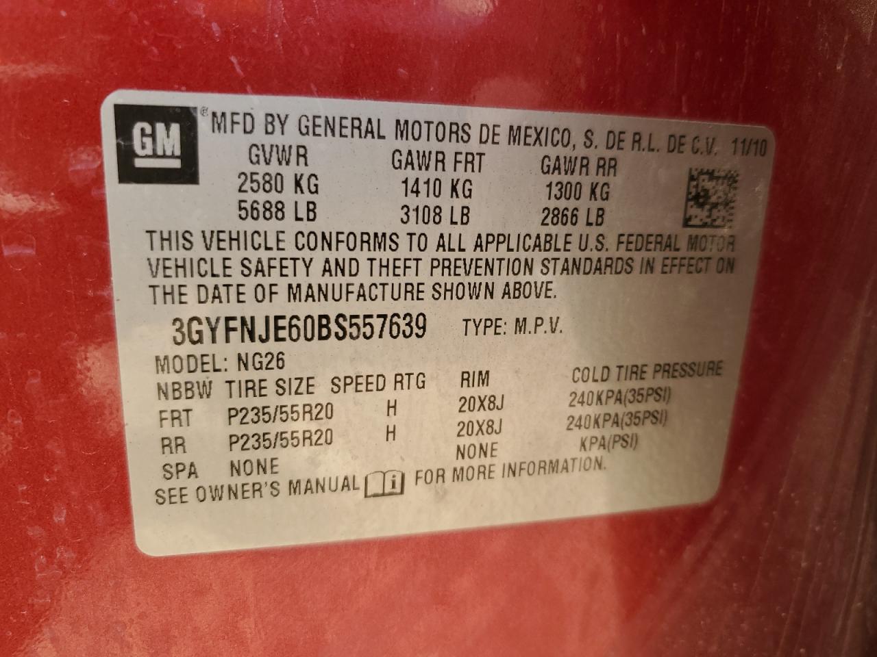 2011 Cadillac Srx Performance Collection VIN: 3GYFNJE60BS557639 Lot: 81484235