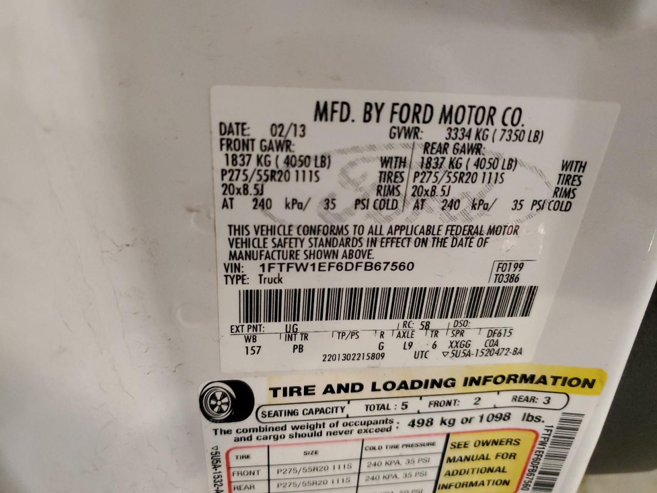 2013 Ford F150 Supercrew VIN: 1FTFW1EF6DFB67560 Lot: 80883045