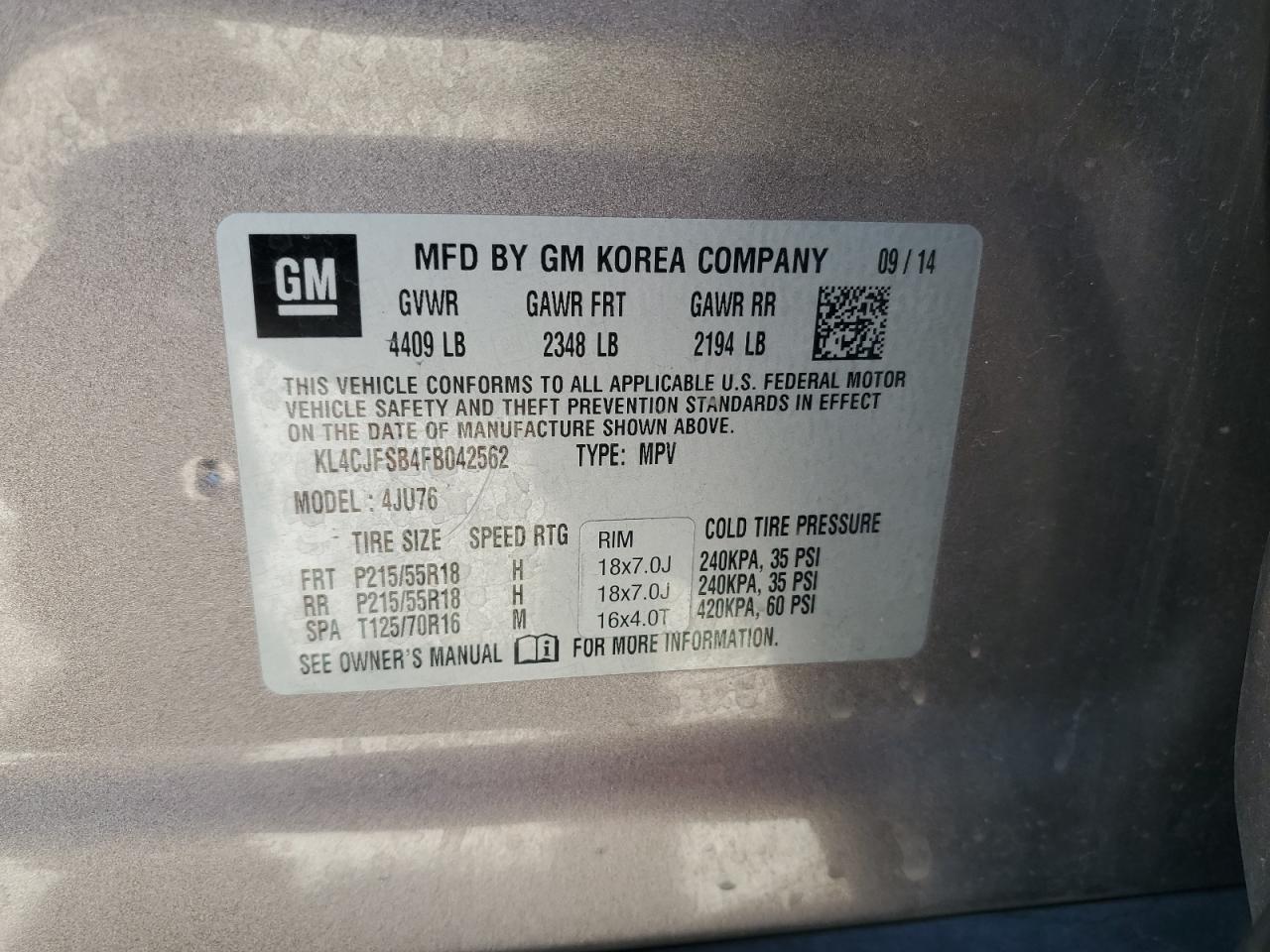 2015 Buick Encore Convenience VIN: KL4CJFSB4FB042562 Lot: 84055145