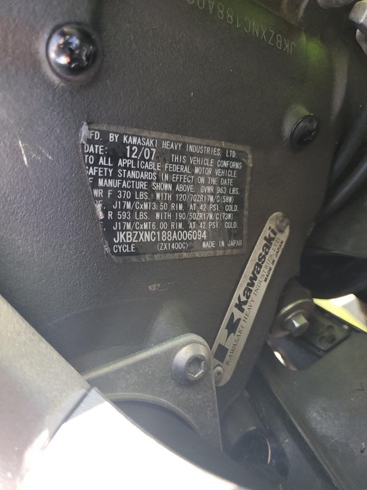 2008 Kawasaki Zx1400 C VIN: JKBZXNC188A006094 Lot: 80463165