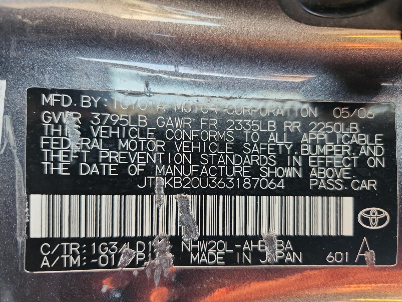 2006 Toyota Prius VIN: JTDKB20U363187064 Lot: 71274335