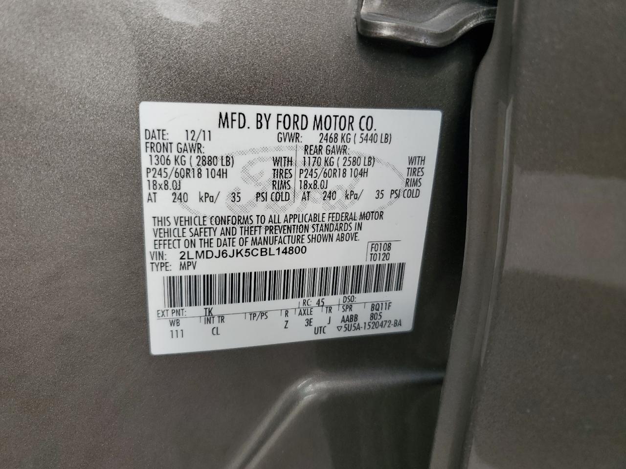 2012 Lincoln Mkx VIN: 2LMDJ6JK5CBL14800 Lot: 80153765