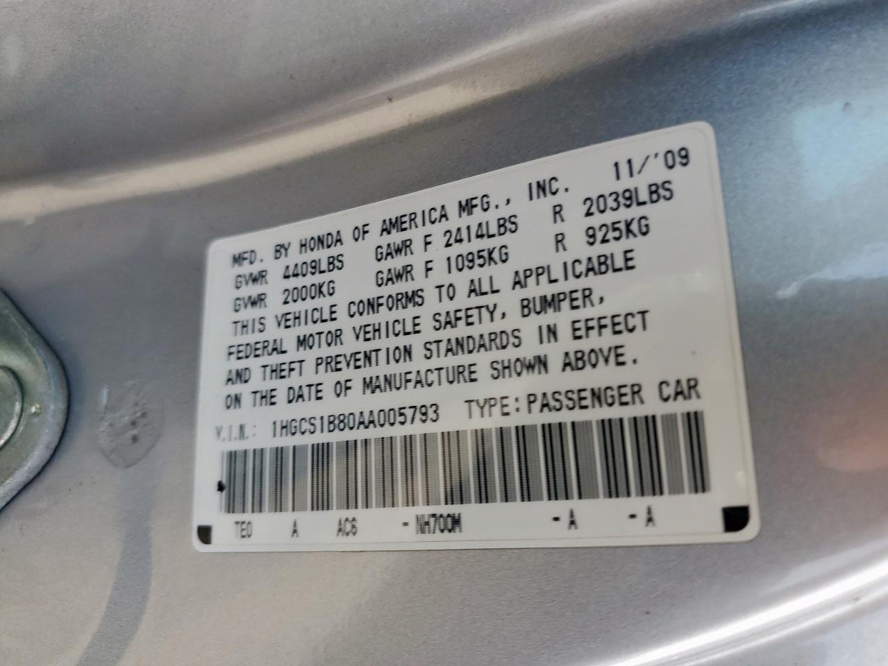 2010 Honda Accord Exl VIN: 1HGCS1B80AA005793 Lot: 84637525