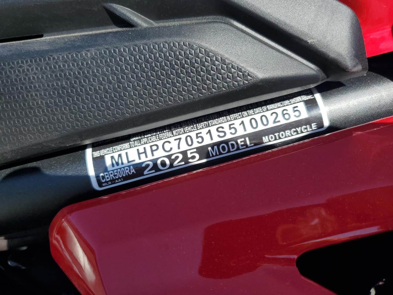 2025 Honda Cbr500 Ra VIN: MLHPC7051S5100265 Lot: 80827785