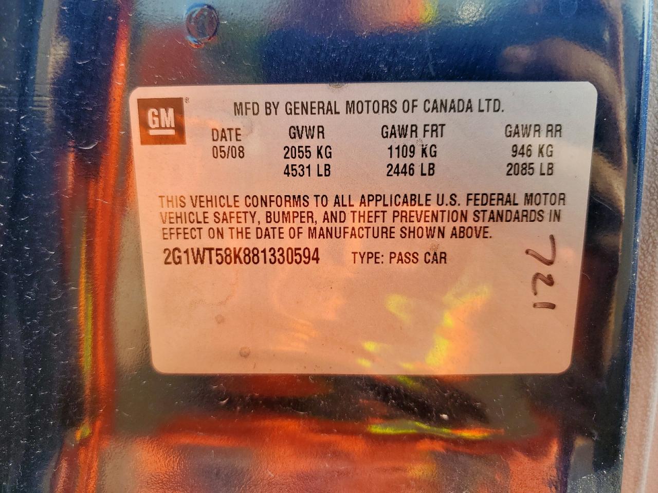 2008 Chevrolet Impala Lt VIN: 2G1WT58K881330594 Lot: 82100555