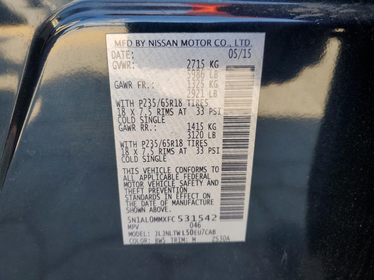 2015 Infiniti Qx60 VIN: 5N1AL0MMXFC531542 Lot: 71821155