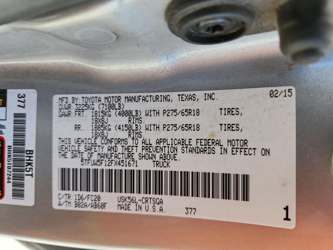 2015 Toyota Tundra Double Cab Sr VIN: 5TFUW5F12FX451671 Lot: 80405525