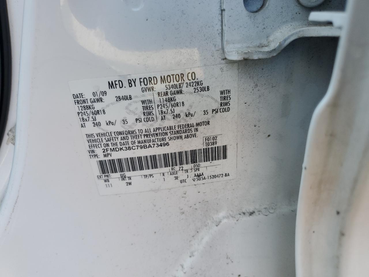 2009 Ford Edge Sel VIN: 2FMDK38C79BA73496 Lot: 80635915