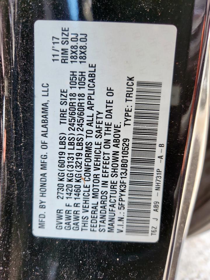 2018 Honda Ridgeline Sport VIN: 5FPYK3F13JB010529 Lot: 80541185