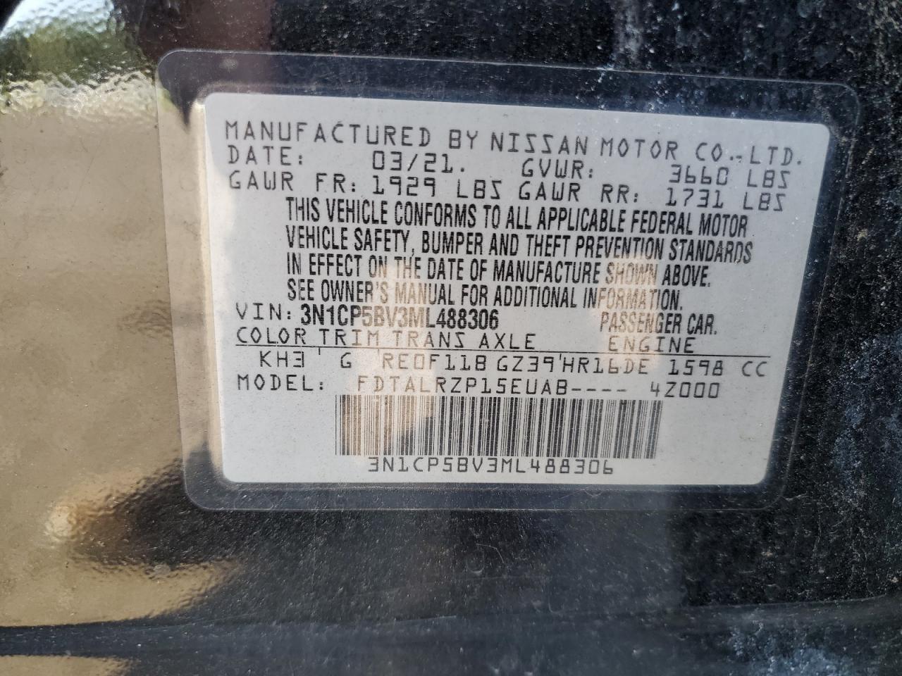 2021 Nissan Kicks S VIN: 3N1CP5BV3ML488306 Lot: 81363575