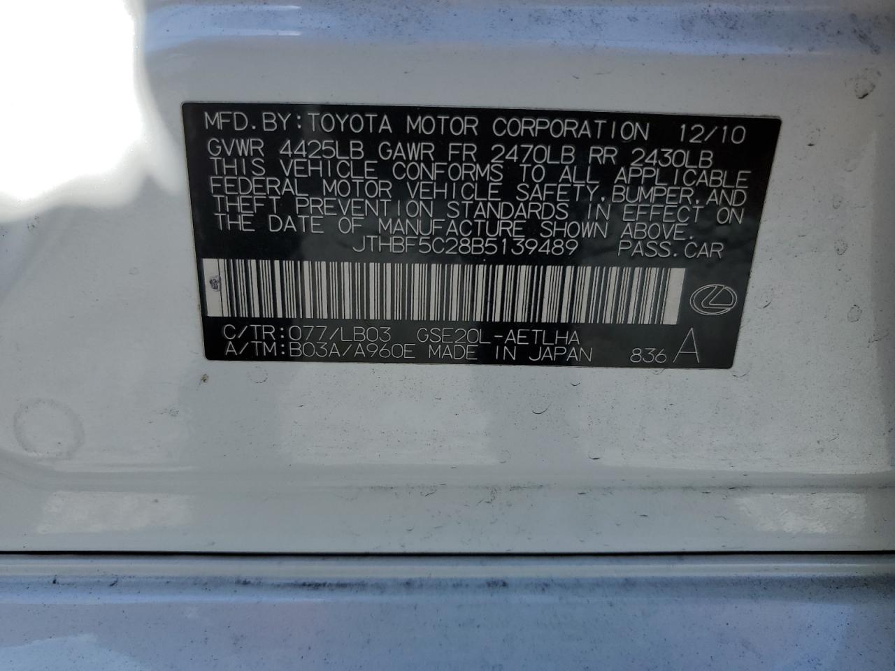 2011 Lexus Is 250 VIN: JTHBF5C28B5139489 Lot: 95035055