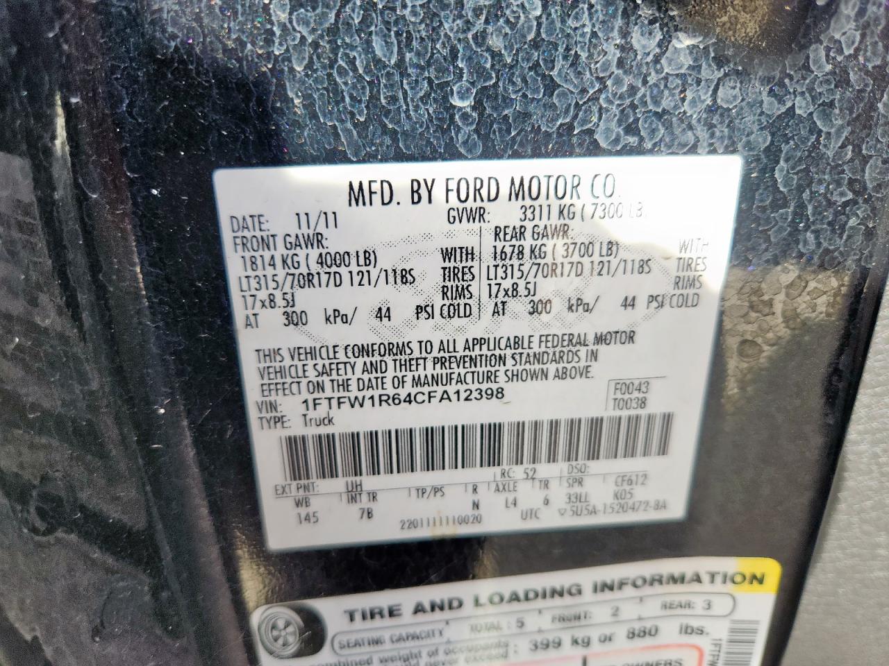 2012 Ford F150 Svt Raptor VIN: 1FTFW1R64CFA12398 Lot: 81751375