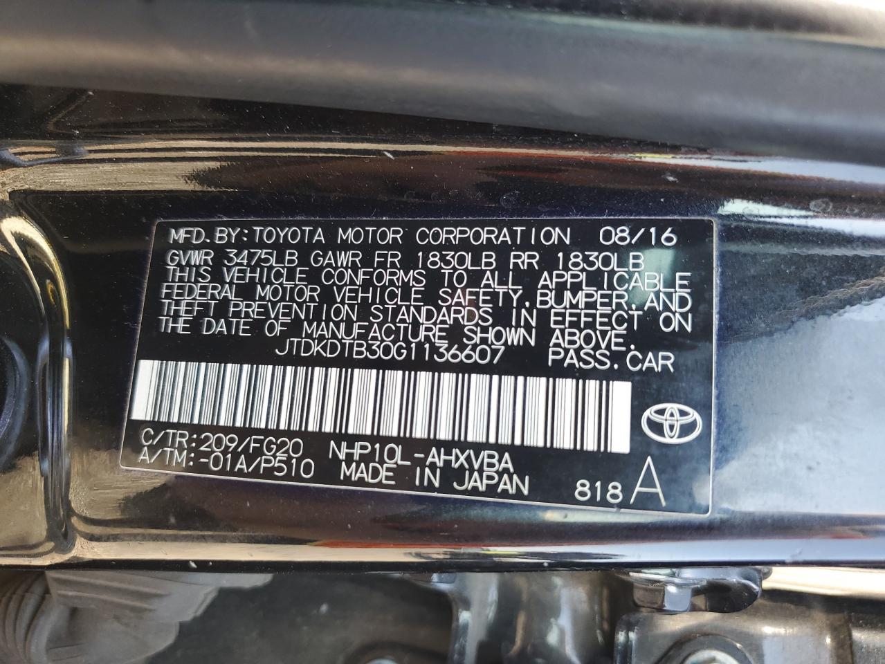 2016 Toyota Prius C VIN: JTDKDTB30G1136607 Lot: 81069035