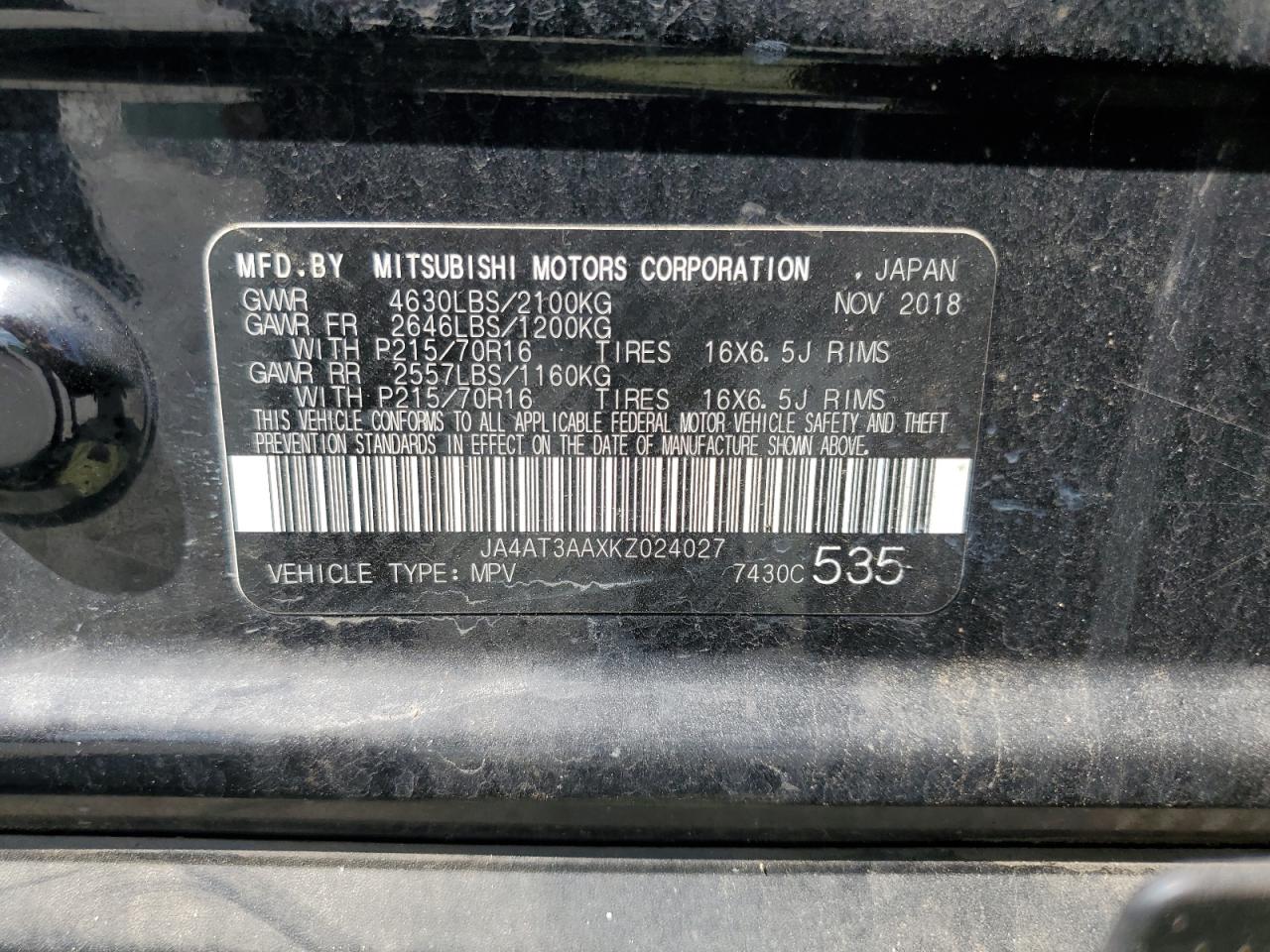 2019 Mitsubishi Eclipse Cross Es VIN: JA4AT3AAXKZ024027 Lot: 81675615