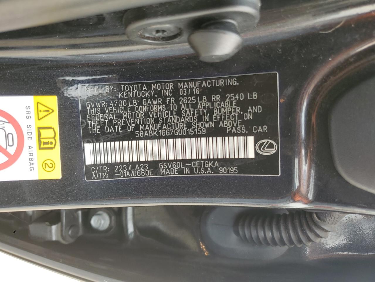 2016 Lexus Es 350 VIN: 58ABK1GG7GU015159 Lot: 71318955