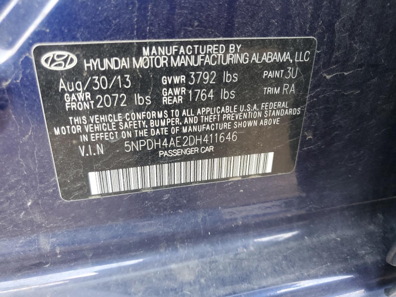 2013 Hyundai Elantra Gls VIN: 5NPDH4AE2DH411646 Lot: 81412415