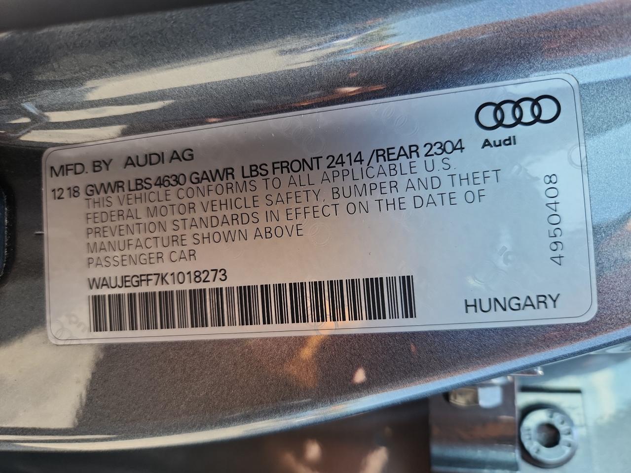 2019 Audi A3 Premium Plus VIN: WAUJEGFF7K1018273 Lot: 70889175